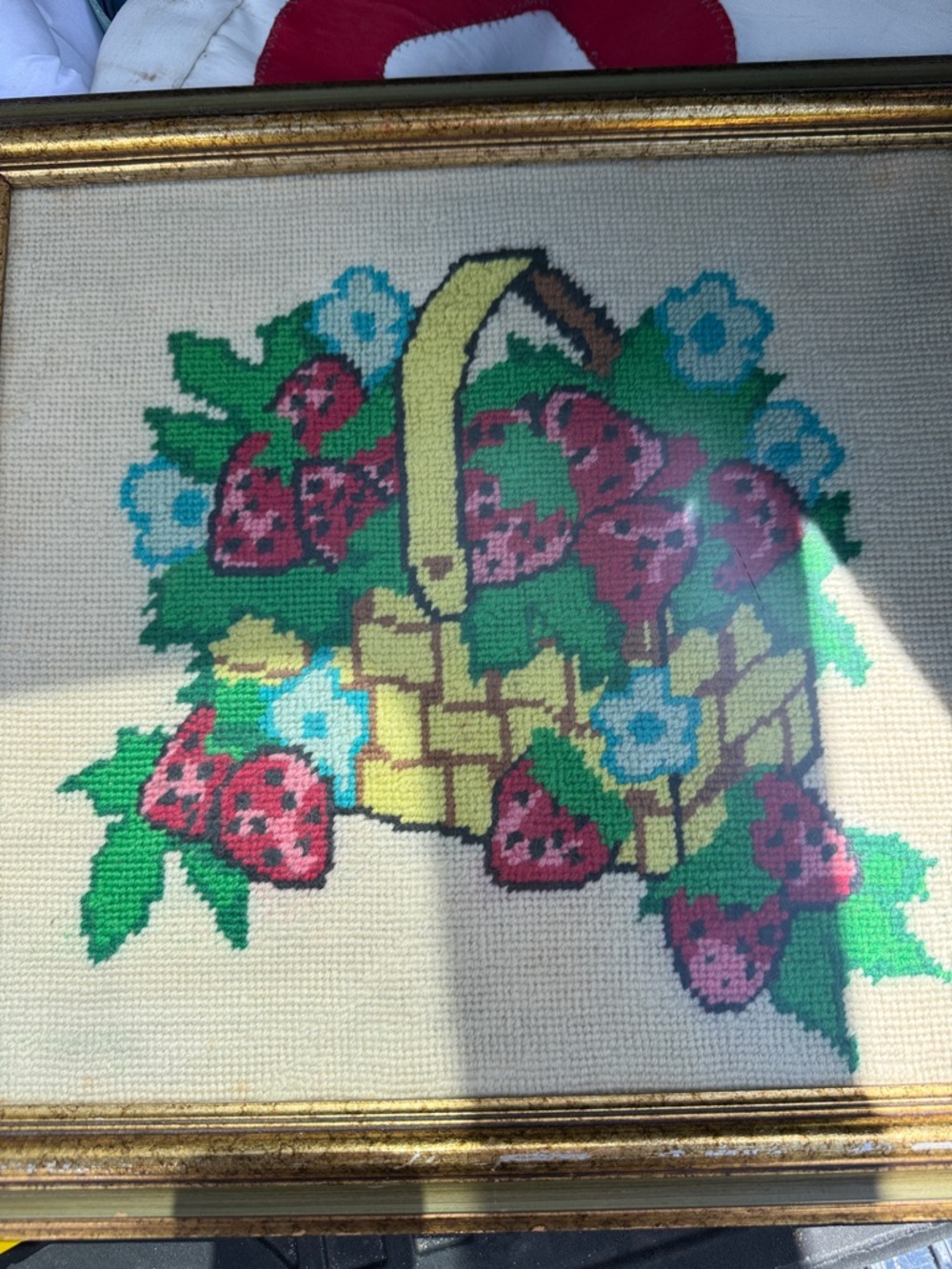 Handmade Cross Stitch Strawberry Basket Artwork